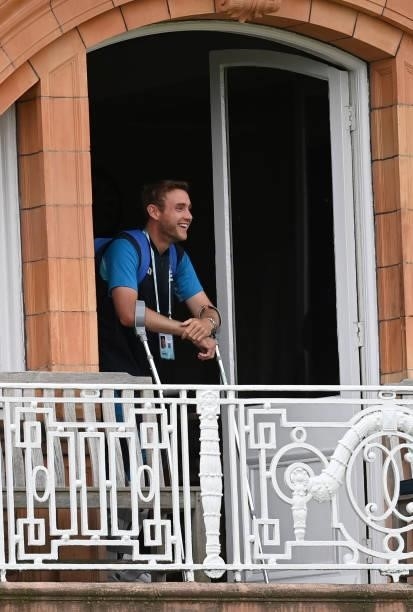 Stuart Broad of England watched from the England dressing room during day two of the Second LV= Insurance Test Match between England and India at...