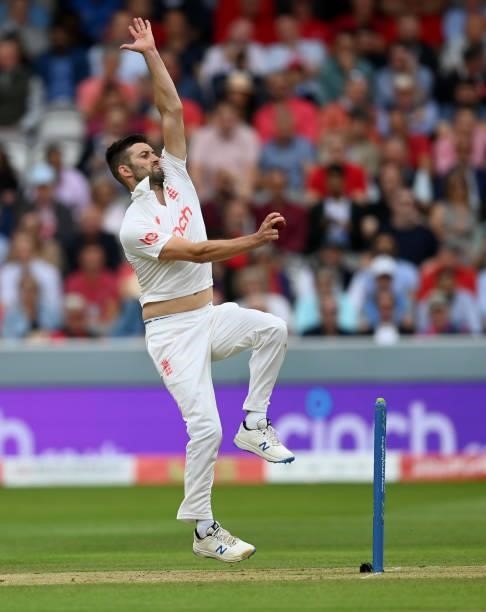 Mark Wood of England bowls during day two of the Second LV= Insurance Test Match between England and India at Lord's Cricket Ground on August 13,...