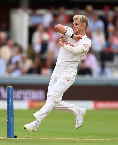 Sam Curran of England bowls during day two of the Second LV= Insurance Test Match between England and India at Lord's Cricket Ground on August 13,...