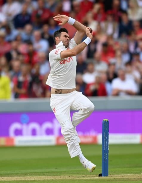 James Anderson of England bowls during day two of the Second LV= Insurance Test Match between England and India at Lord's Cricket Ground on August...