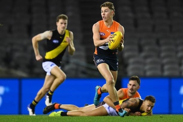Tanner Bruhn of the Giants looks to pass the ball during the round 22 AFL match between Greater Western Sydney Giants and Richmond Tigers at Marvel...