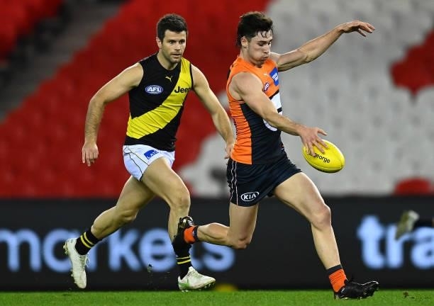 Lachie Ash of the Giants kicks during the round 22 AFL match between Greater Western Sydney Giants and Richmond Tigers at Marvel Stadium on August...