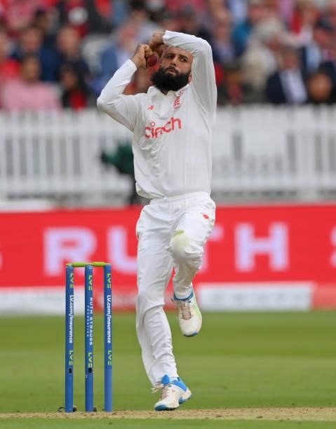 England bowler Moeen Ali in bowling action on Ruth Strauss Foundation Day during day two of the Second Test Match between England and India at Lord's...