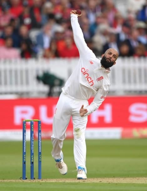 England bowler Moeen Ali in bowling action on Ruth Strauss Foundation Day during day two of the Second Test Match between England and India at Lord's...
