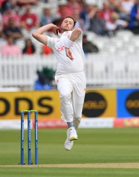 England bowler Ollie Robinson in bowling action on Ruth Strauss Foundation Day during day two of the Second Test Match between England and India at...