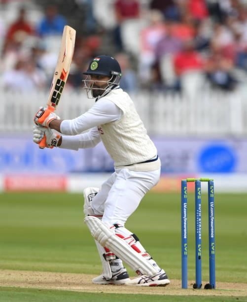 India batsman Ravindra Jadeja in batting action on Ruth Strauss Foundation Day during day two of the Second Test Match between England and India at...
