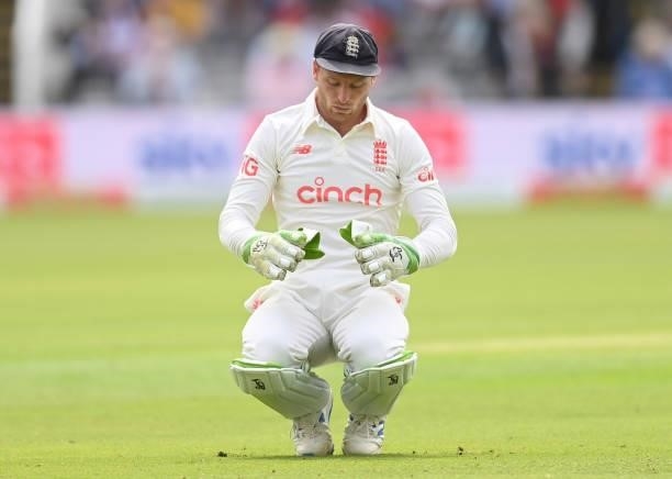 Jos Buttler of England on the ground during the second day of the 2nd LV= Test match between England and India at Lord's Cricket Ground on August 13,...