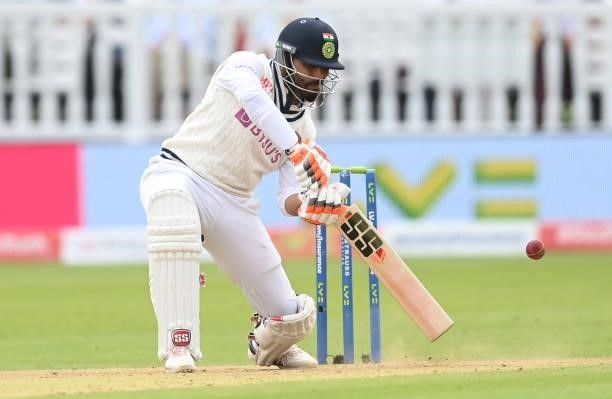 Ravindra Jadeja of India bats during the second day of the 2nd LV= Test match between England and India at Lord's Cricket Ground on August 13, 2021...