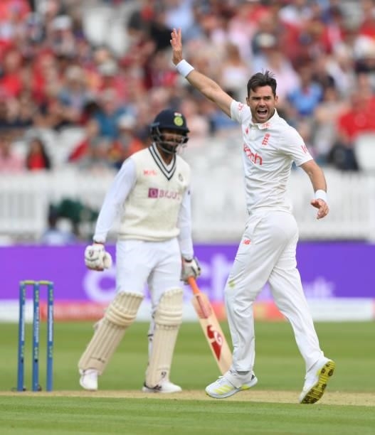 England bowler James Anderson celebrates after taking the wicket of India batsman Jasprit Bumrah on Ruth Strauss Foundation Day during day two of the...