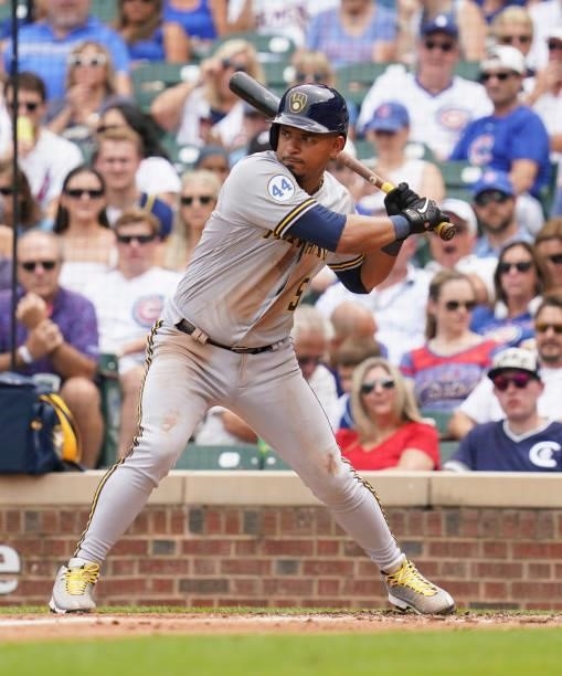 Eduardo Escobar of the Milwaukee Brewers bats against the Chicago Cubs at Wrigley Field on August 12, 2021 in Chicago, Illinois.