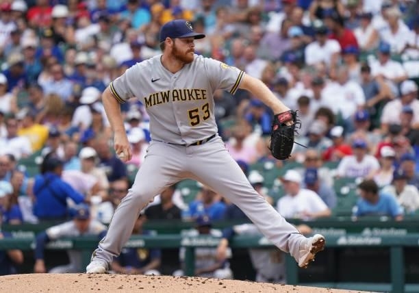 Brandon Woodruff of the Milwaukee Brewers throws a pitch against the Chicago Cubs at Wrigley Field on August 12, 2021 in Chicago, Illinois.