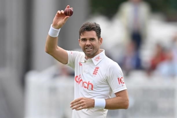 James Anderson of England celebrates after dismissing Jasprit Bumrah of India and claiming his fifthe wicket during the second day of the 2nd LV=...