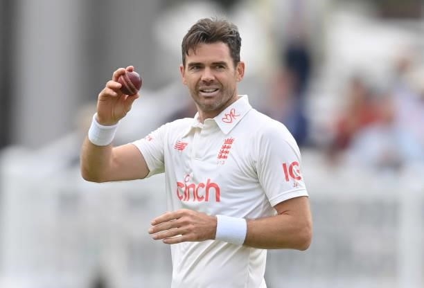 James Anderson of England celebrates after dismissing Jasprit Bumrah of India and claiming his fifthe wicket during the second day of the 2nd LV=...