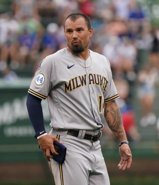 Jace Peterson of the Milwaukee Brewers reacts after the third inning against the Chicago Cubs at Wrigley Field on August 12, 2021 in Chicago,...