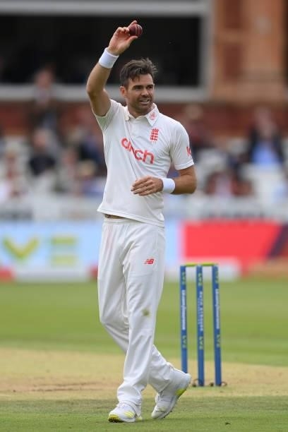 Jimmy Anderson of England celebrates after taking his 5th wicket to dismiss Mohammed Siraj of India during the Second LV= Insurance Test Match: Day...