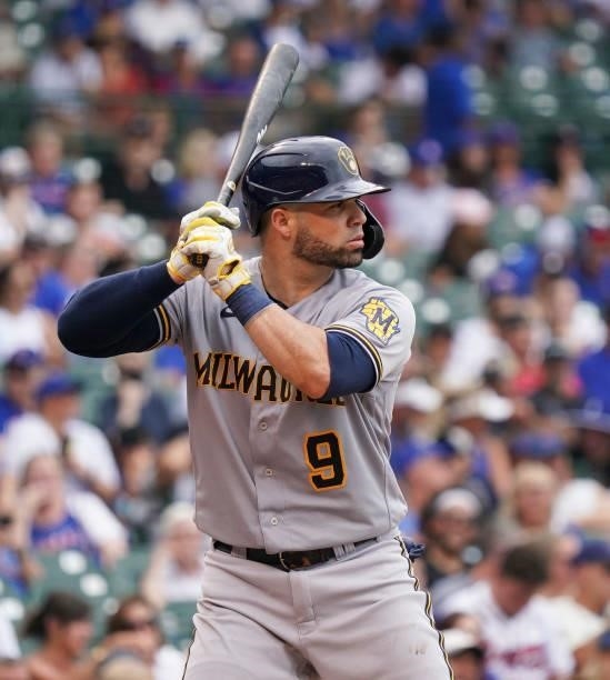 Manny Pina of the Milwaukee Brewers bats against the Chicago Cubs at Wrigley Field on August 12, 2021 in Chicago, Illinois.