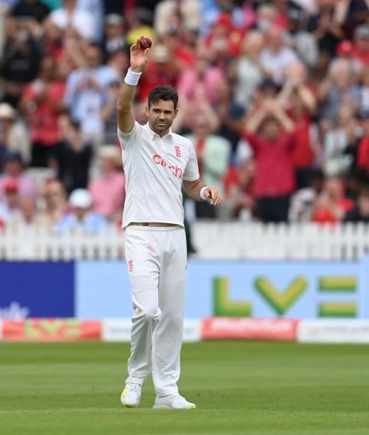 James Anderson of England celebrates his five wicket haul after dismissing Jasprit Bumrah of India during day two of the Second LV= Insurance Test...