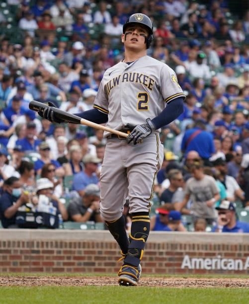 Luis Urias of the Milwaukee Brewers bats against the Chicago Cubs at Wrigley Field on August 12, 2021 in Chicago, Illinois.