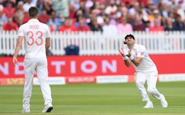 England bowler James Anderson takes the catch off the bowling of Mark Wood to dismiss Jadeja on Ruth Strauss Foundation Day during day two of the...