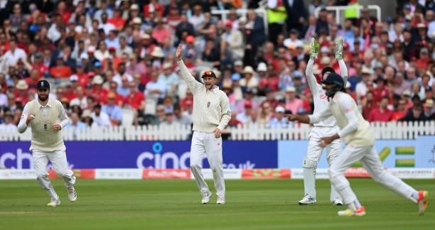 England captain Joe Root celebrates the wicket of Jasprit Bumrah of India during day two of the Second LV= Insurance Test Match between England and...
