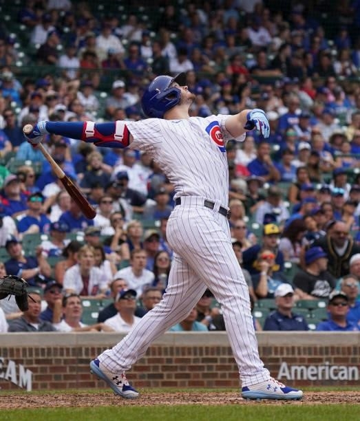 Ian Happ of the Chicago Cubs bats against the Milwaukee Brewers at Wrigley Field on August 12, 2021 in Chicago, Illinois.
