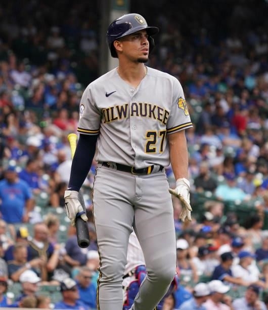 Willy Adames of the Milwaukee Brewers reacts after striking out during a game against the Chicago Cubs at Wrigley Field on August 12, 2021 in...