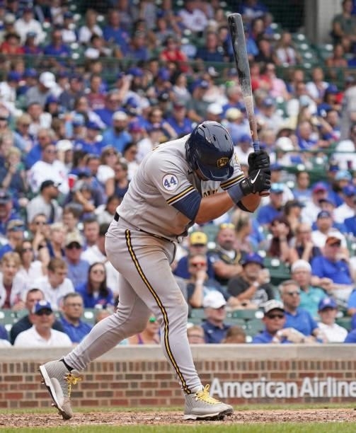 Eduardo Escobar of the Milwaukee Brewers reacts after striking out during the sixth inning of a game against the Chicago Cubs at Wrigley Field on...