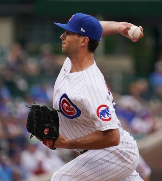Jake Jewell of the Chicago Cubs throws a pitch against the Milwaukee Brewers at Wrigley Field on August 12, 2021 in Chicago, Illinois.