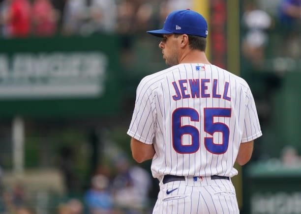 Jake Jewell of the Chicago Cubs throws a pitch against the Milwaukee Brewers at Wrigley Field on August 12, 2021 in Chicago, Illinois.