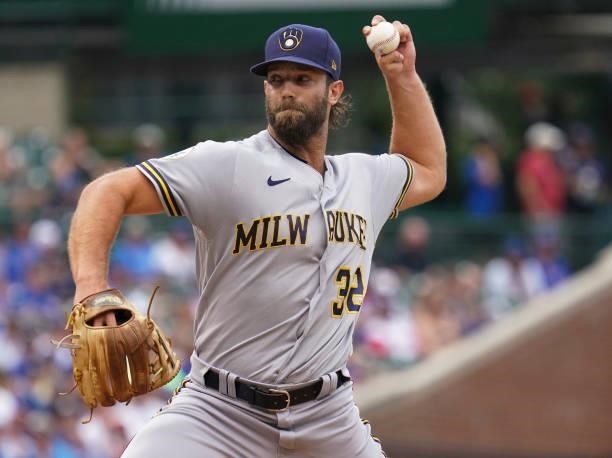 Daniel Norris of the Milwaukee Brewers throws a pitch against the Chicago Cubs at Wrigley Field on August 12, 2021 in Chicago, Illinois.