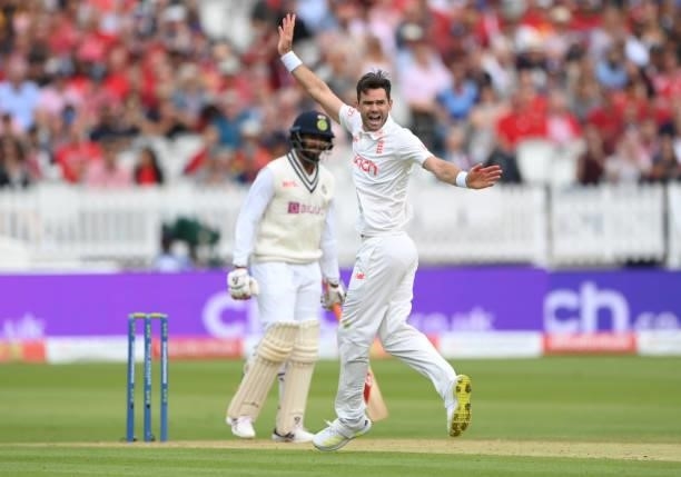 England bowler James Anderson celebrates after taking the wicket of India batsman Jasprit Bumrah on Ruth Strauss Foundation Day during day two of the...