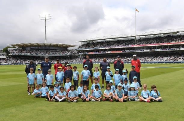 Allstars Cricketers on the outfield during day one of the Second Test Match between England and India at Lord's Cricket Ground on August 12, 2021 in...