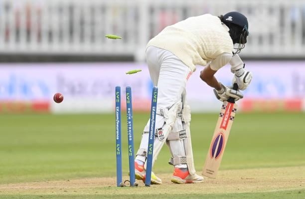 Haseeb Hameed of England is bowled first ball by Mohammed Siraj during the second day of the 2nd LV= Test match between England and India at Lord's...