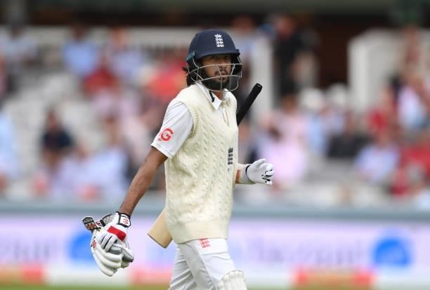 England batsman Haseeb Hameed leaves the field after being bowled first ball by Siraj on Ruth Strauss Foundation Day during day two of the Second...