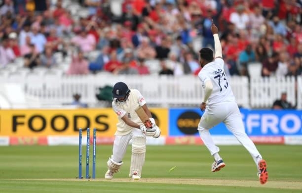 England batsman Haseeb Hameed is bowled first ball by Siraj on Ruth Strauss Foundation Day during day two of the Second Test Match between England...