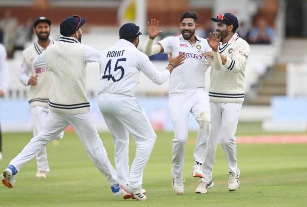 Mohammed Siraj of India celebrates after dismissing Haseeb Hameed of England first ball during the second day of the 2nd LV= Test match between...