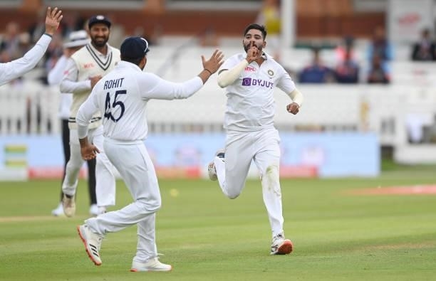 Mohammed Siraj of India celebrates after dismissing Haseeb Hameed of England first ball during the second day of the 2nd LV= Test match between...