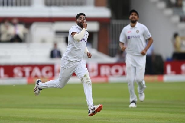 Mohammed Siraj of India celebrates after dismissing Haseeb Hameed of England first ball during the Second LV= Insurance Test Match: Day Two between...