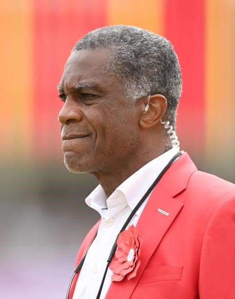 Michael Holding, former West Indies cricketer and commentator working for Sky television during the second day of the 2nd LV= Test match between...