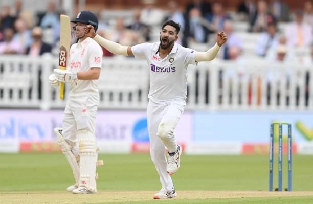Mohammed Siraj of India celebrates after dismissing Dom Sibley of England during the second day of the 2nd LV= Test match between England and India...