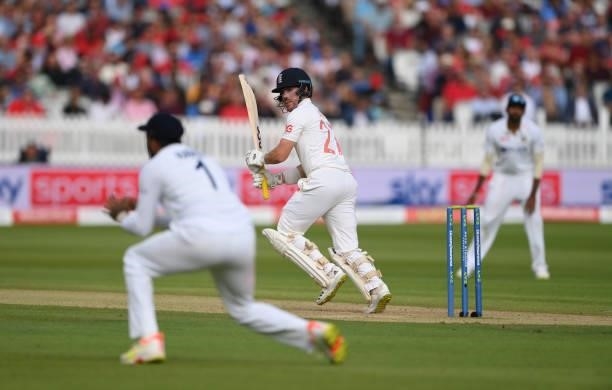England batsman Rory Burns hits out on Ruth Strauss Foundation Day during day two of the Second Test Match between England and India at Lord's...