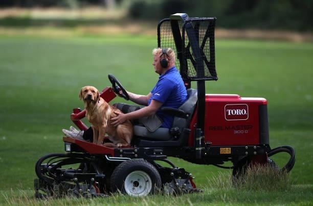 Groundsman and his dog prepare the 17th green-side bunker during on day four of the R&A Girls Amateur Championship at Fulford Golf Club on August 13,...