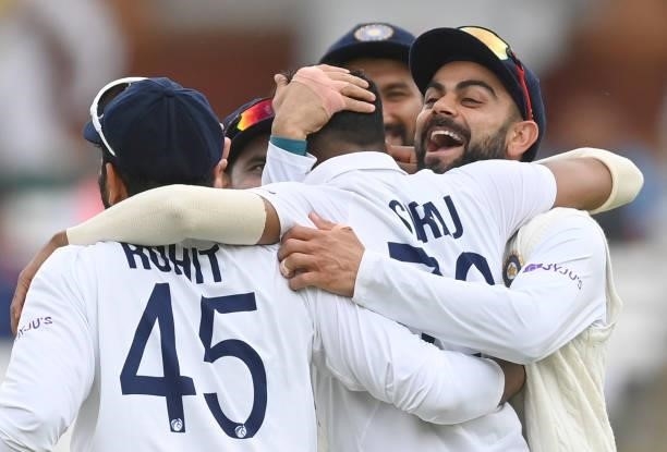 Virat Kohli hugs Mohammed Siraj of India after the dismissal of Haseeb Hameed of England first ball during the second day of the 2nd LV= Test match...