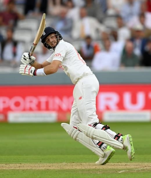 Joe Root of England rbats during day two of the Second LV= Insurance Test Match between England and India at Lord's Cricket Ground on August 13, 2021...