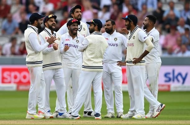 India celebrate the wicket of Rory Burns of England during day two of the Second LV= Insurance Test Match between England and India at Lord's Cricket...