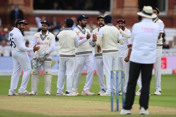 Virat Kohli of India celebrates as an lbw review is upheld against Rory Burns of England during the Second LV= Insurance Test Match: Day Two between...