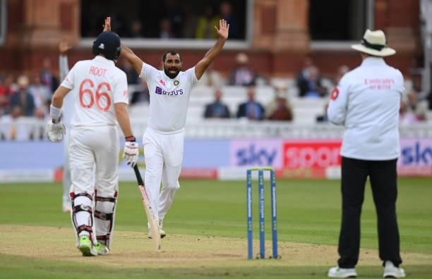 Mohammed Shami of India appeals successfully for lbw against Rory Burns of England during the Second LV= Insurance Test Match: Day Two between...