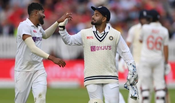 India bowler Mohammed Siraj and Rishabh Pant share a joke on Ruth Strauss Foundation Day during day two of the Second Test Match between England and...