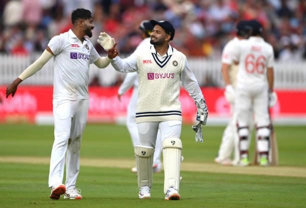 India bowler Mohammed Siraj and Rishabh Pant share a joke on Ruth Strauss Foundation Day during day two of the Second Test Match between England and...