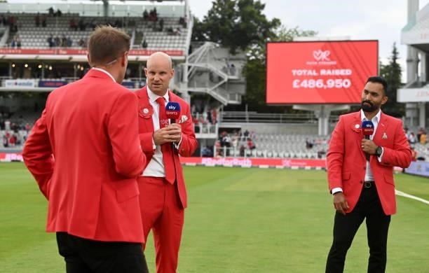 Former England captain Andrew Strauss speaks to Sky Sports as the final Red for Ruth fundraising total is announced at stumps on day two of the...